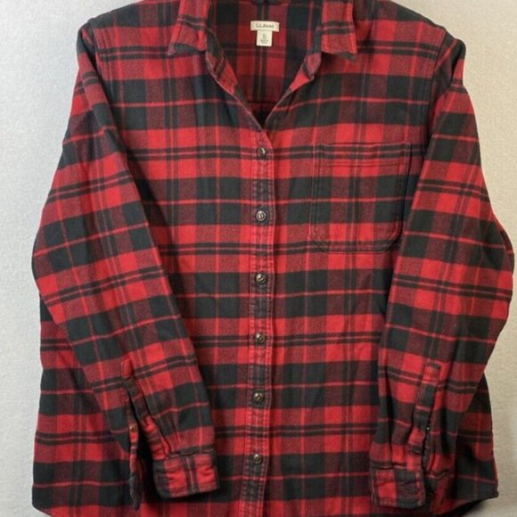 LL Bean Flannel Shirt Womens XL Tartan Plaid Red Black Organic Cotton 506162 VTG - Picture 2 of 13